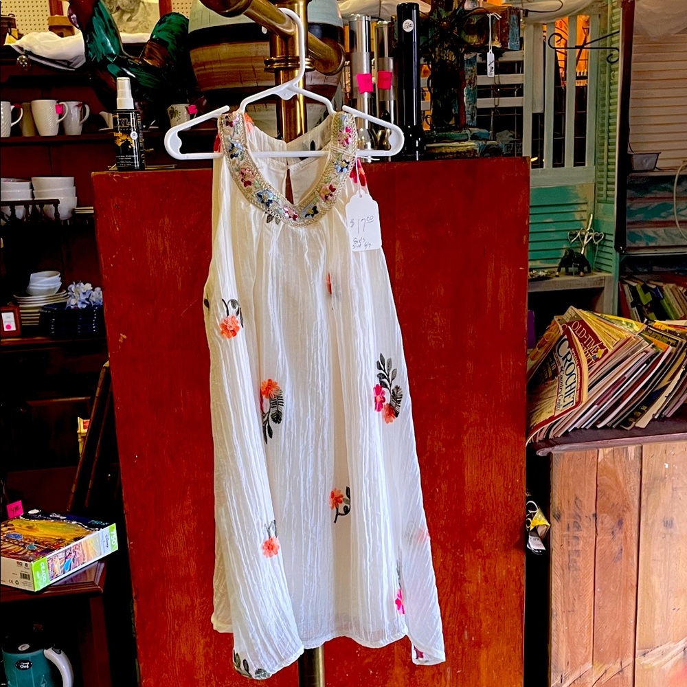Floral Embroidered Kids Dress - White with Pink and Orange Accents
